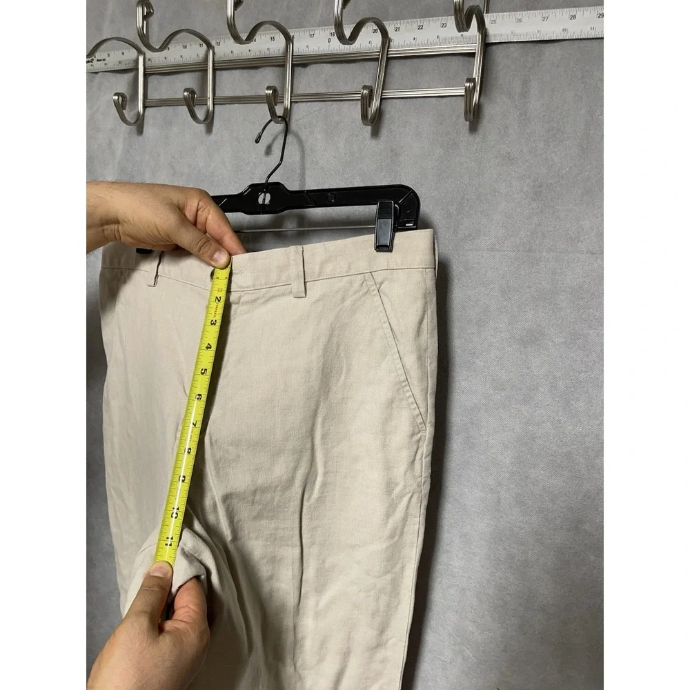LL Bean Pants Men 34X32 Beige Cuff Straight Linen Baggy Coastal Academia Resort